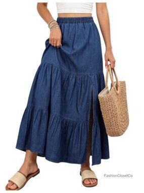 Women's Long Denim Skirt High Waist Stretchy Boho Maxi Skirt Side Slit Tiered